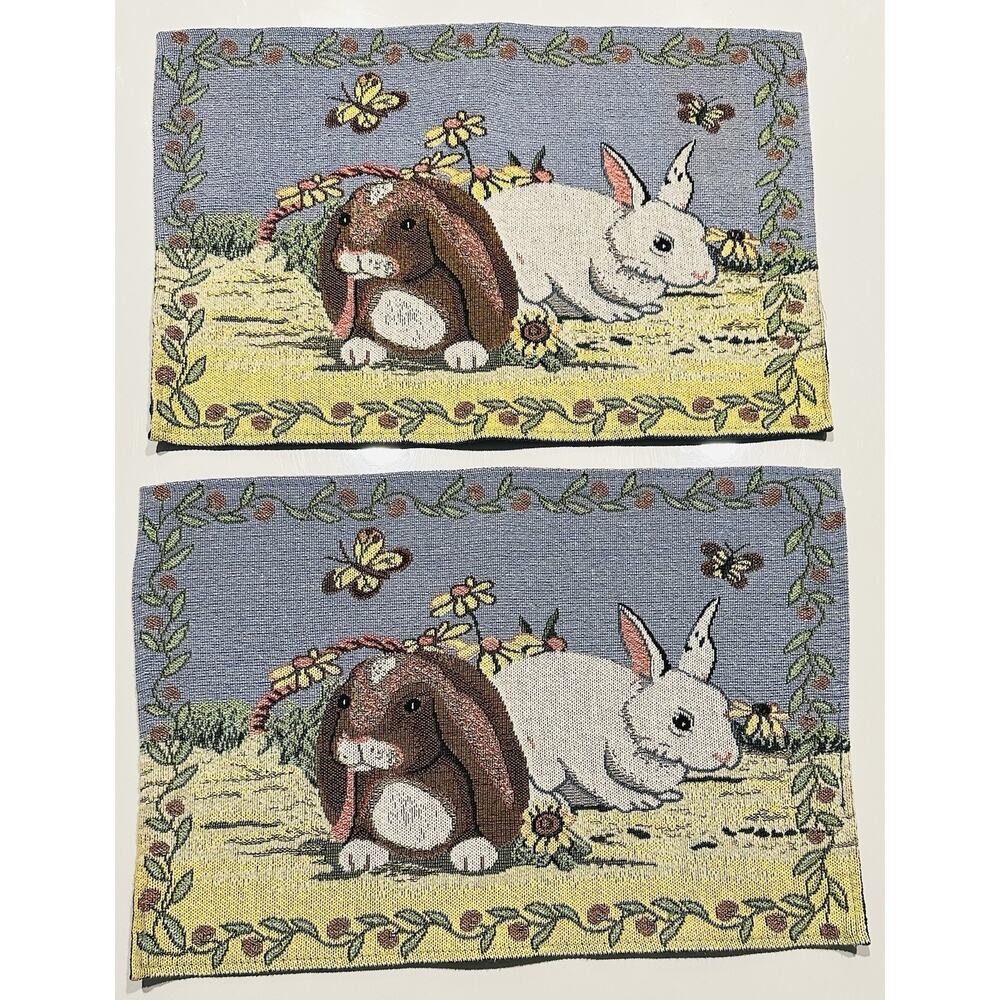Bunny Rabbit Butterflies Flower Woven Tapestry Placemats Easter Spring Set Of 2